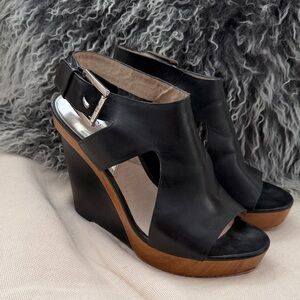 Michael Kors Black Leather Wedges with Tan Sole